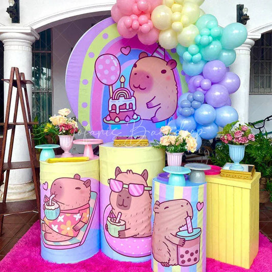 Lofaris Cute Capybara Birthday Party Round Backdrop Kit Pastel Rainbow and Cake Kawaii Animal Theme for Kids Decor