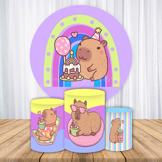 Lofaris Cute Capybara Birthday Party Round Backdrop Kit Pastel Rainbow and Cake Kawaii Animal Theme for Kids Decor