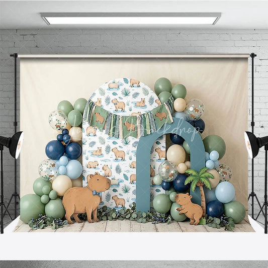 Lofaris Cute Capybara Photography Backdrop with Tropical Leaves and Jungle Animals perfect for Kids Birthday Party Decor