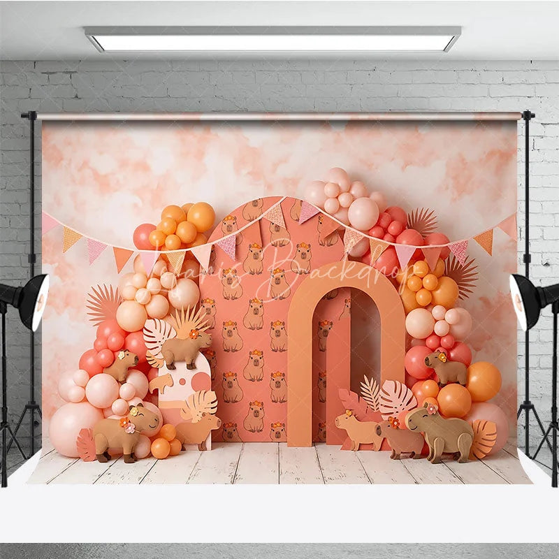 Lofaris Cute Capybara with Flower Crowns Photography Backdrop Peach Coral Balloon Garland Birthday Party Decor