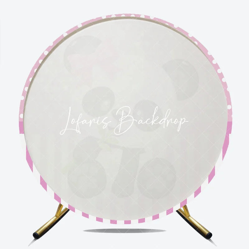 Lofaris Cute Cartoon Baby Panda with Pink Bow and Bamboo Round Backdrop Polka Dot Striped for Shower