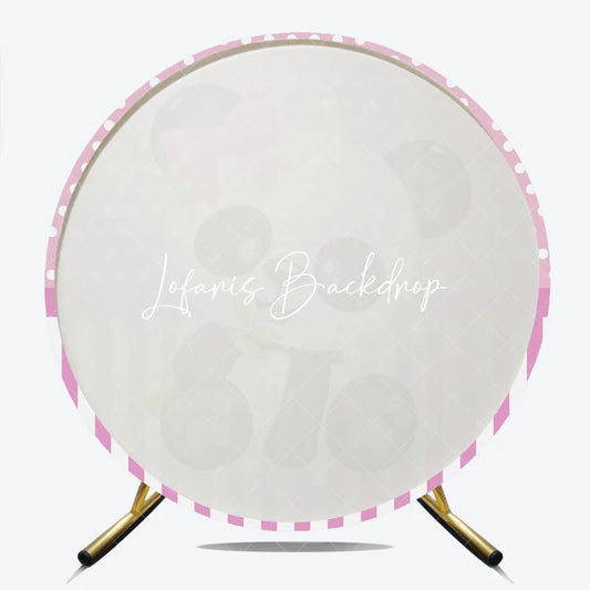 Lofaris Cute Cartoon Baby Panda with Pink Bow and Bamboo Round Backdrop Polka Dot Striped for Shower