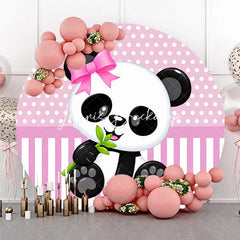 Lofaris Cute Cartoon Baby Panda with Pink Bow and Bamboo Round Backdrop Polka Dot Striped for Shower