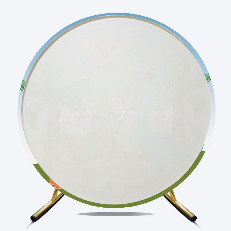 Lofaris Cute Cartoon Dinosaurs Round Backdrop for Birthday Boys Prehistoric Jungle Party T Rex and Palm Tree Photo Prop