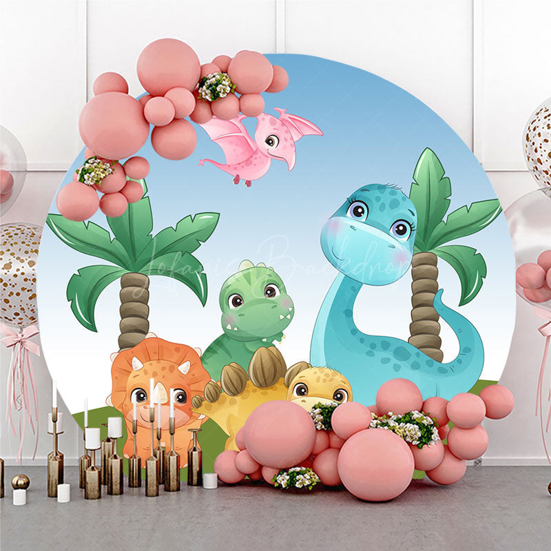 Lofaris Cute Cartoon Dinosaurs Round Backdrop for Birthday Boys Prehistoric Jungle Party T Rex and Palm Tree Photo Prop