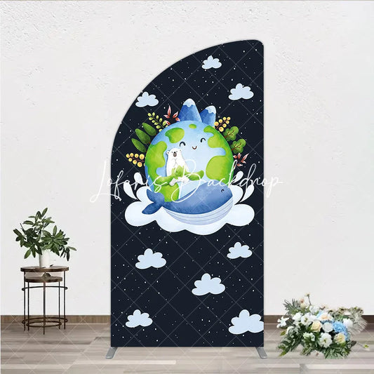 Lofaris Cute Cartoon Earth Polar Bear and Whale Half Moon Arch Backdrop Night Sky Stars Clouds Kids Party Decor.