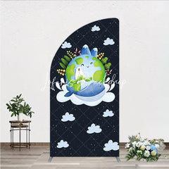 Lofaris Cute Cartoon Earth Polar Bear and Whale Half Moon Arch Backdrop Night Sky Stars Clouds Kids Party Decor.