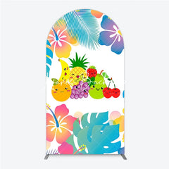 Lofaris Cute Cartoon Fruit and Tropical Leaves Hibiscus Flower Round Top Arch Backdrop Summer Birthday Party Decor