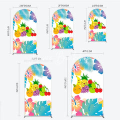 Lofaris Cute Cartoon Fruit and Tropical Leaves Hibiscus Flower Round Top Arch Backdrop Summer Birthday Party Decor