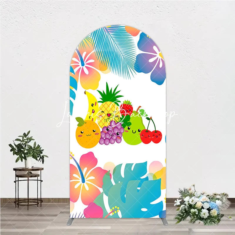 Lofaris Cute Cartoon Fruit and Tropical Leaves Hibiscus Flower Round Top Arch Backdrop Summer Birthday Party Decor