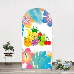 Lofaris Cute Cartoon Fruit and Tropical Leaves Hibiscus Flower Round Top Arch Backdrop Summer Birthday Party Decor