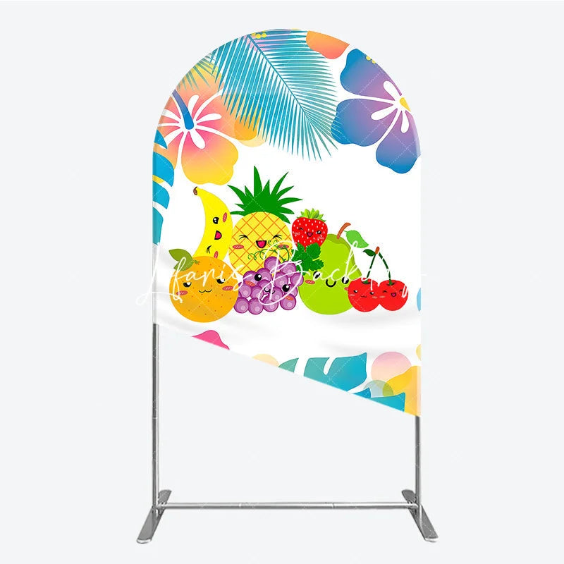 Lofaris Cute Cartoon Fruit and Tropical Leaves Hibiscus Flower Round Top Arch Backdrop Summer Birthday Party Decor