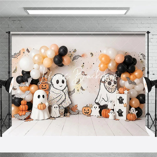 Lofaris Cute Cartoon Ghosts and Pumpkins Halloween Photography Backdrop with Balloons Autumn Leaves Party Decor