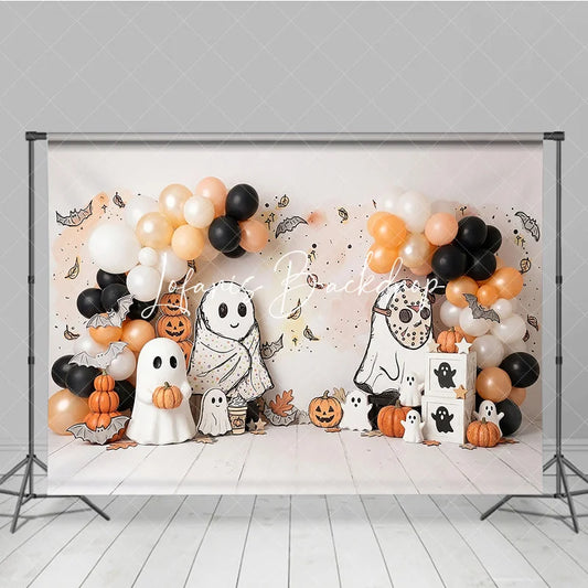 Lofaris Cute Cartoon Ghosts and Pumpkins Halloween Photography Backdrop with Balloons Autumn Leaves Party Decor