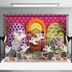 Lofaris Cute Cartoon Ghosts and Pumpkins Halloween Photography Backdrop with Spooky Gravestones Bats Pink Starry Background