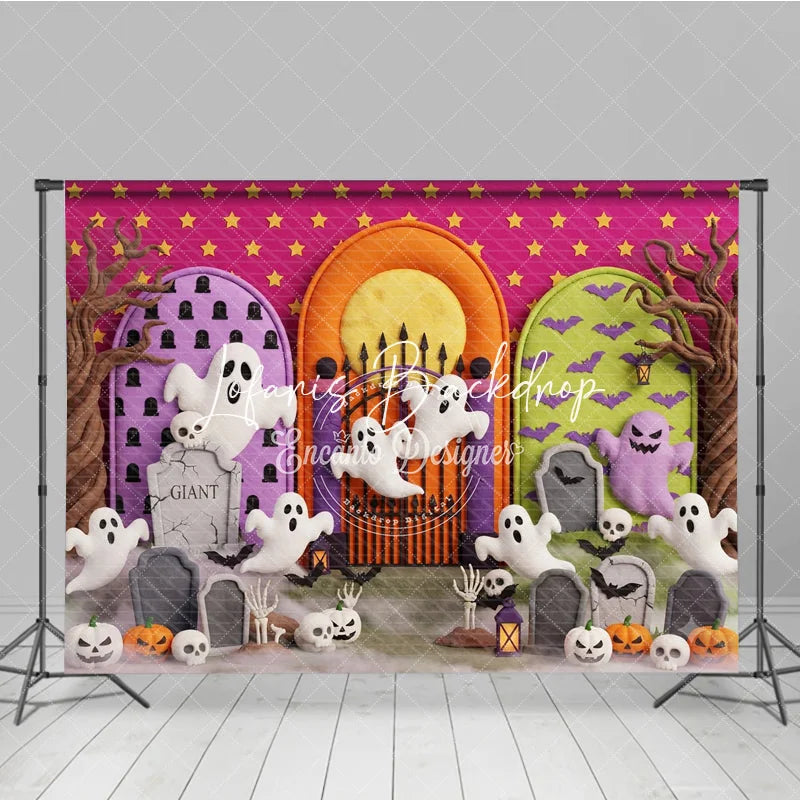 Lofaris Cute Cartoon Ghosts and Pumpkins Halloween Photography Backdrop with Spooky Gravestones Bats Pink Starry Background