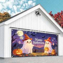 Lofaris Cute Cartoon Ghosts with Witch Hats and Jack-O-Lanterns Happy Halloween Garage Door Banner Spooky Party Decor