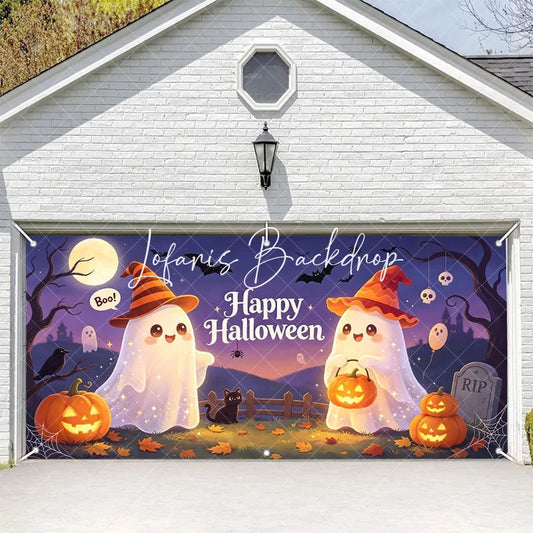 Lofaris Cute Cartoon Ghosts with Witch Hats and Jack-O-Lanterns Happy Halloween Garage Door Banner Spooky Party Decor