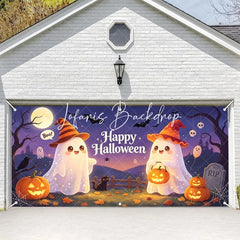 Lofaris Cute Cartoon Ghosts with Witch Hats and Jack-O-Lanterns Happy Halloween Garage Door Banner Spooky Party Decor