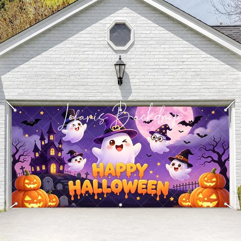 Lofaris Cute Cartoon Ghosts with Witch Hats and Pumpkins Happy Halloween Garage Door Banner Spooky Castle Party Decor