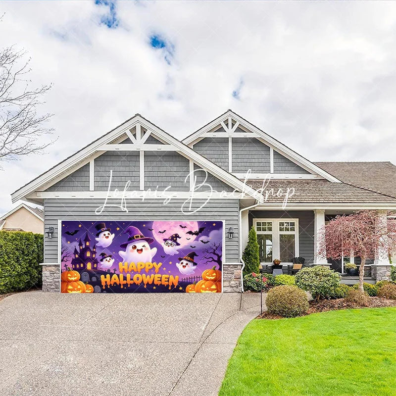Lofaris Cute Cartoon Ghosts with Witch Hats and Pumpkins Happy Halloween Garage Door Banner Spooky Castle Party Decor