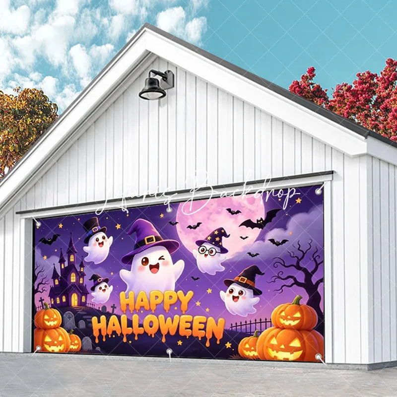 Lofaris Cute Cartoon Ghosts with Witch Hats and Pumpkins Happy Halloween Garage Door Banner Spooky Castle Party Decor