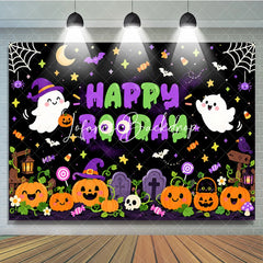 Lofaris Cute Cartoon Halloween Ghosts and Pumpkins Birthday Backdrop Happy Booday Spooky Fun Party Decor with Bats Stars