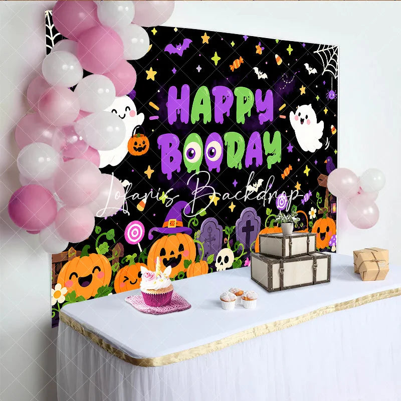 Lofaris Cute Cartoon Halloween Ghosts and Pumpkins Birthday Backdrop Happy Booday Spooky Fun Party Decor with Bats Stars