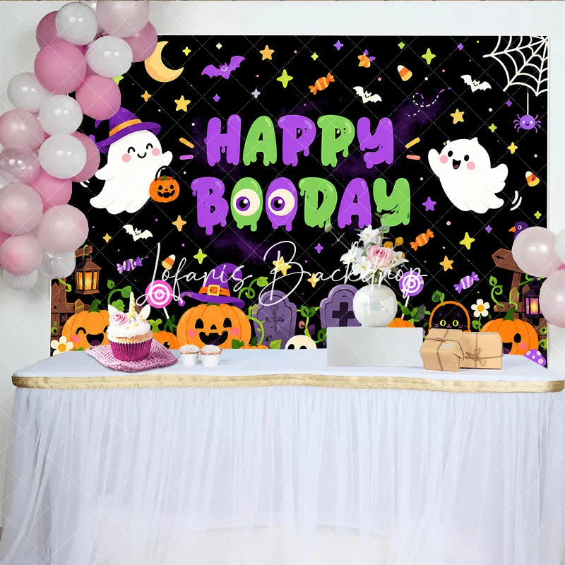 Lofaris Cute Cartoon Halloween Ghosts and Pumpkins Birthday Backdrop Happy Booday Spooky Fun Party Decor with Bats Stars