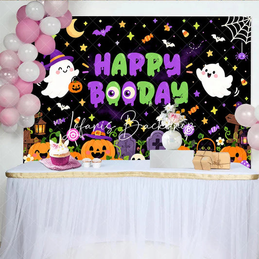 Lofaris Cute Cartoon Halloween Ghosts and Pumpkins Birthday Backdrop Happy Booday Spooky Fun Party Decor with Bats Stars