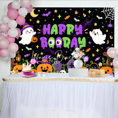 Lofaris Cute Cartoon Halloween Ghosts and Pumpkins Birthday Backdrop Happy Booday Spooky Fun Party Decor with Bats Stars