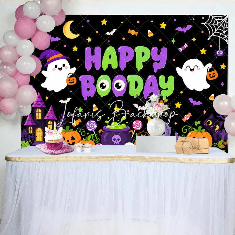 Lofaris Cute Cartoon Halloween Happy Booday Birthday Backdrop with Ghosts Pumpkins and Haunted House for Spooky Party Decor