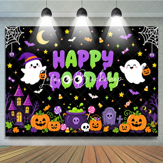 Lofaris Cute Cartoon Halloween Happy Booday Birthday Backdrop with Ghosts Pumpkins and Haunted House for Spooky Party Decor