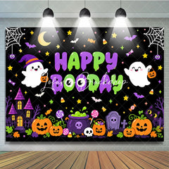 Lofaris Cute Cartoon Halloween Happy Booday Birthday Backdrop with Ghosts Pumpkins and Haunted House for Spooky Party Decor