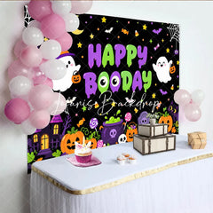 Lofaris Cute Cartoon Halloween Happy Booday Birthday Backdrop with Ghosts Pumpkins and Haunted House for Spooky Party Decor