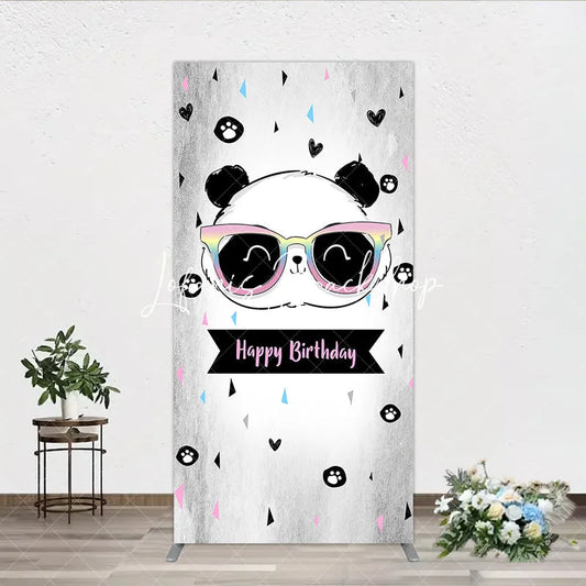 Lofaris Cute Cartoon Panda Happy Birthday Rectangle Arch Backdrop with Rainbow Sunglasses Grey Party Decor