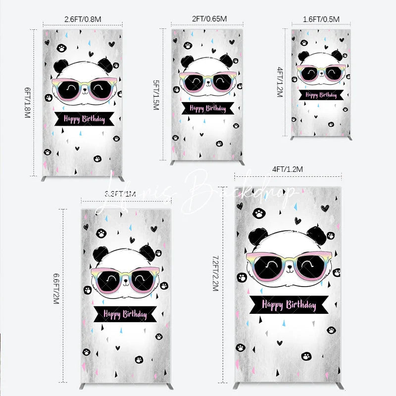 Lofaris Cute Cartoon Panda Happy Birthday Rectangle Arch Backdrop with Rainbow Sunglasses Grey Party Decor