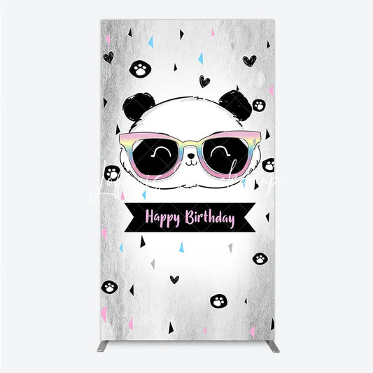 Lofaris Cute Cartoon Panda Happy Birthday Rectangle Arch Backdrop with Rainbow Sunglasses Grey Party Decor