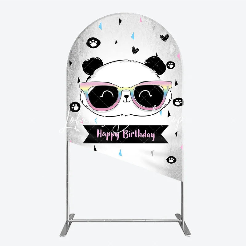 Lofaris Cute Cartoon Panda Happy Birthday Round Top Arch Backdrop with Rainbow Sunglasses Festive Party Decor