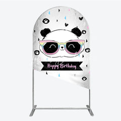 Lofaris Cute Cartoon Panda Happy Birthday Round Top Arch Backdrop with Rainbow Sunglasses Festive Party Decor