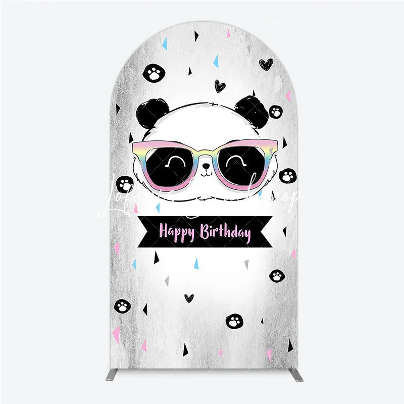 Lofaris Cute Cartoon Panda Happy Birthday Round Top Arch Backdrop with Rainbow Sunglasses Festive Party Decor