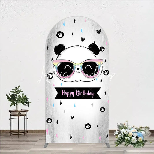 Lofaris Cute Cartoon Panda Happy Birthday Round Top Arch Backdrop with Rainbow Sunglasses Festive Party Decor