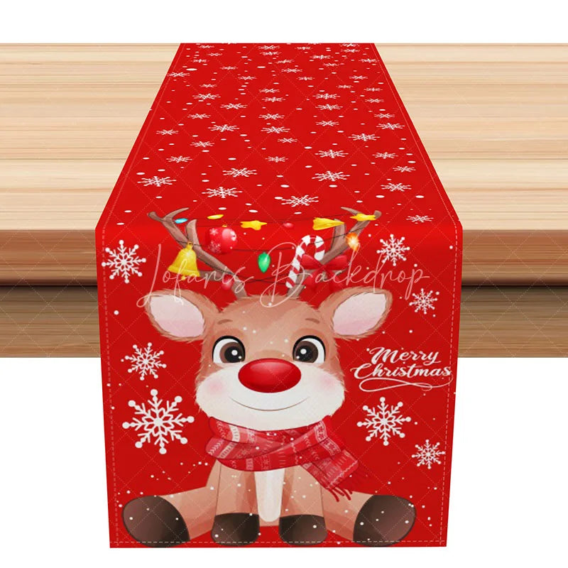 Lofaris Cute Cartoon Reindeer Christmas Table Runner Red Snowflake Merry Holiday Dining Decor