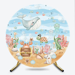 Lofaris Cute Cartoon Sea Animals Round Backdrop Whimsical Underwater Ocean Theme for Kids Birthday Party and Baby Shower Decor