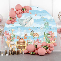 Lofaris Cute Cartoon Sea Animals Round Backdrop Whimsical Underwater Ocean Theme for Kids Birthday Party and Baby Shower Decor