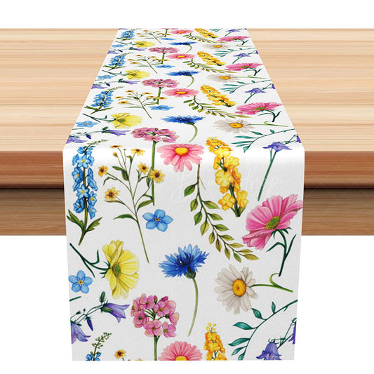 Lofaris Cute Cartoon Spring Flowers Table Runner for Kids Fresh Colorful Floral Kitchen Decor Easter Party Decoration