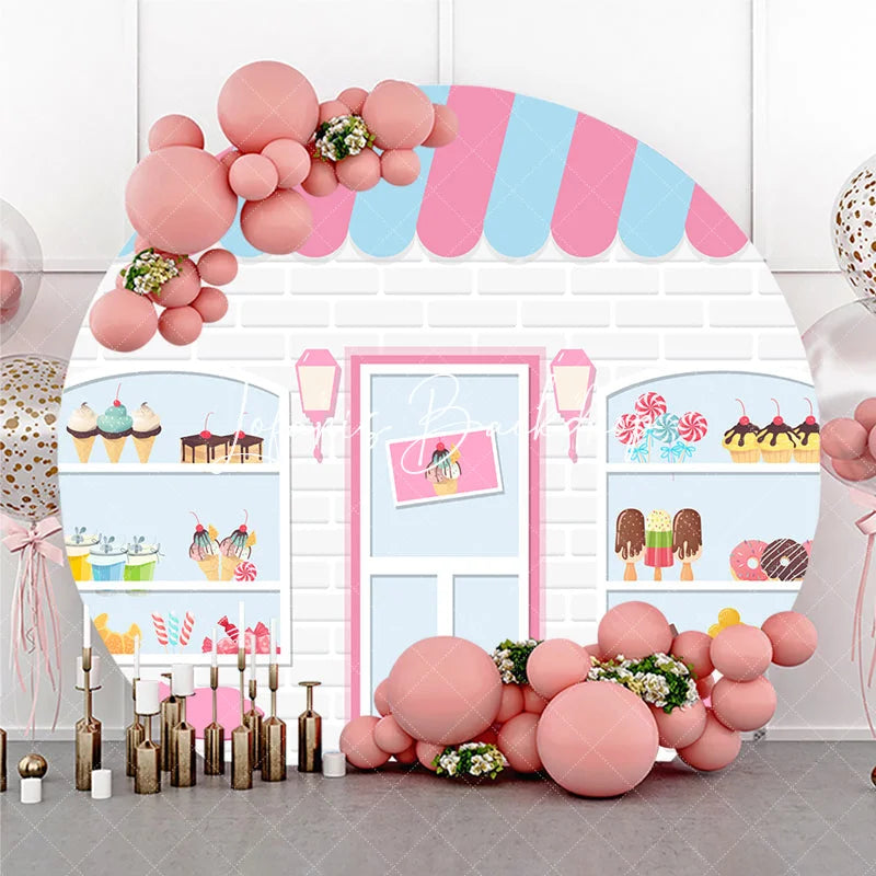 Lofaris Cute Cartoon Sweet Shop Dessert Round Backdrop Pink and Blue Awning Bakery Theme Birthday Party Decor.