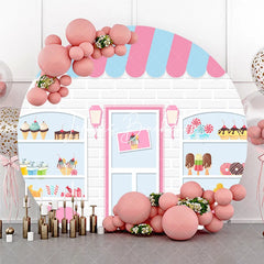 Lofaris Cute Cartoon Sweet Shop Dessert Round Backdrop Pink and Blue Awning Bakery Theme Birthday Party Decor.