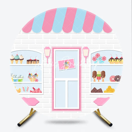 Lofaris Cute Cartoon Sweet Shop Dessert Round Backdrop Pink and Blue Awning Bakery Theme Birthday Party Decor.