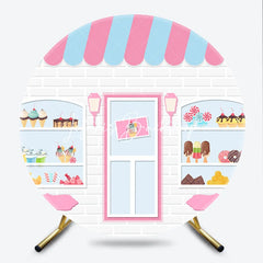 Lofaris Cute Cartoon Sweet Shop Dessert Round Backdrop Pink and Blue Awning Bakery Theme Birthday Party Decor.
